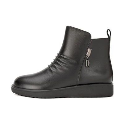 (W) Aokang Leather Round Toe Zip Short Boot 'Black'