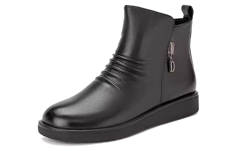 (W) Aokang Leather Round Toe Zip Short Boot 'Black' 圖 2