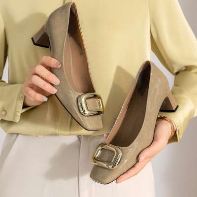 (Women) Aokang Leather Square Toe Slip-On Chunky Heel 5.5cm 'Comfort' 1234211053 4