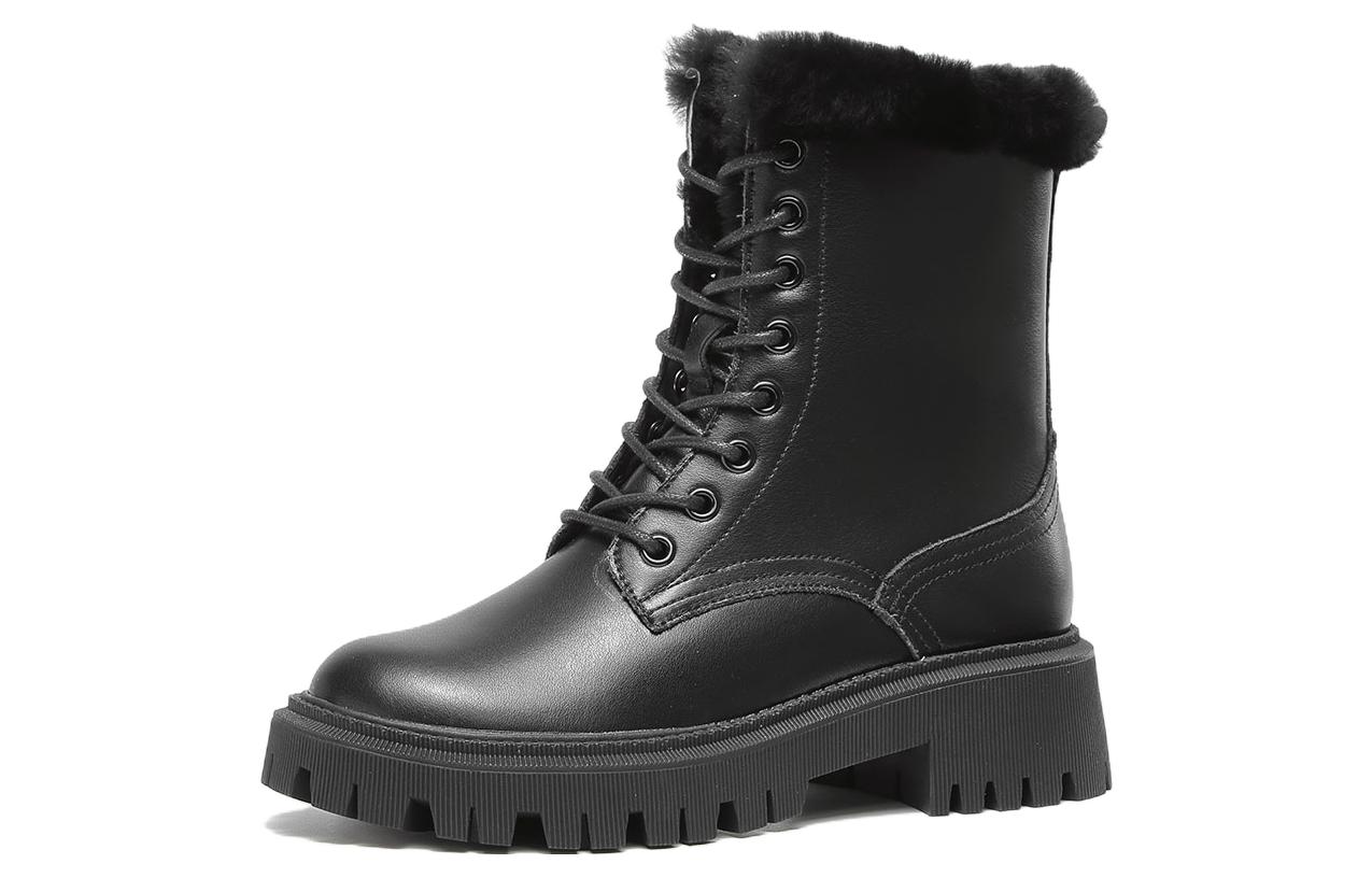 Order (W) Bota Martin Negra Aokang de Cuero con Suela Gruesa y Punta Redonda 1214013037