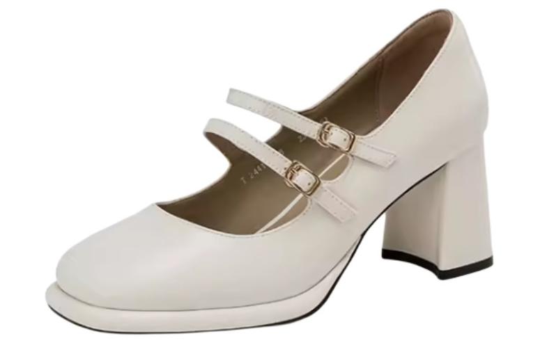 (Women) AOKANG Mary Jane Shoes Leather Chunky Heel 7.3cm Off-White Casual Style T244111036