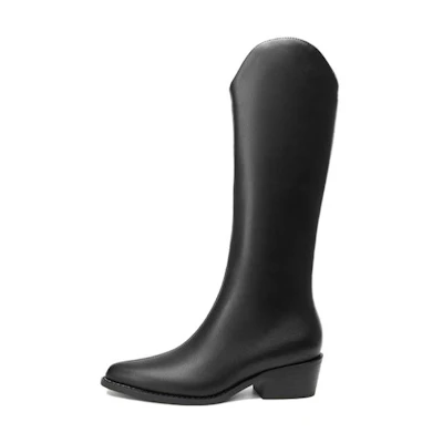 (W) Aokang Pointed Toe Simple Chunky Heel High Boot 'Black'