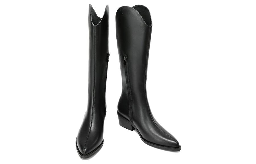 (W) Aokang Pointed Toe Simple Chunky Heel High Boot 'Black' 圖 4