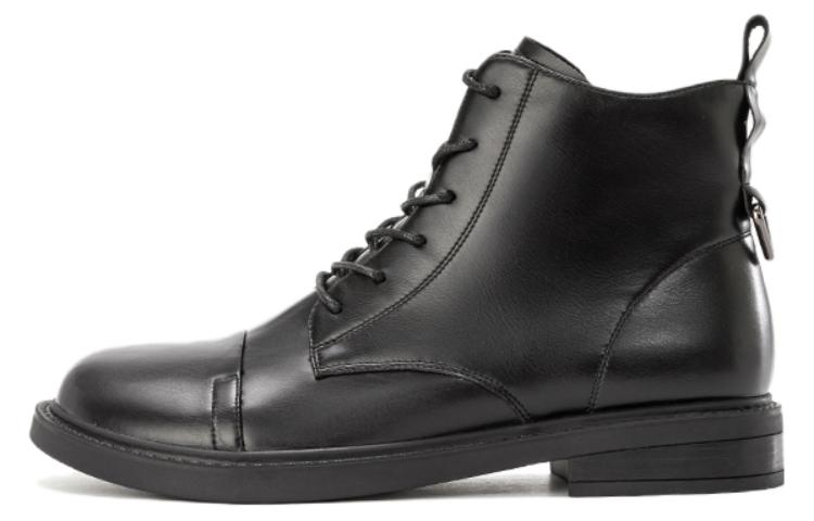 (W) Aokang PU Black 'Fashion Round Toe Lace-Up Mid-Calf Martin Boots'