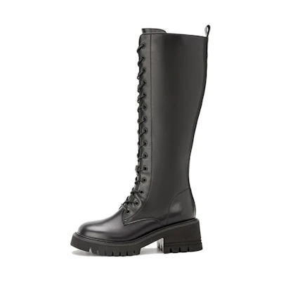 (W) Aokang PU Lace-up Round Toe High-Top 'Black Martin Boots'