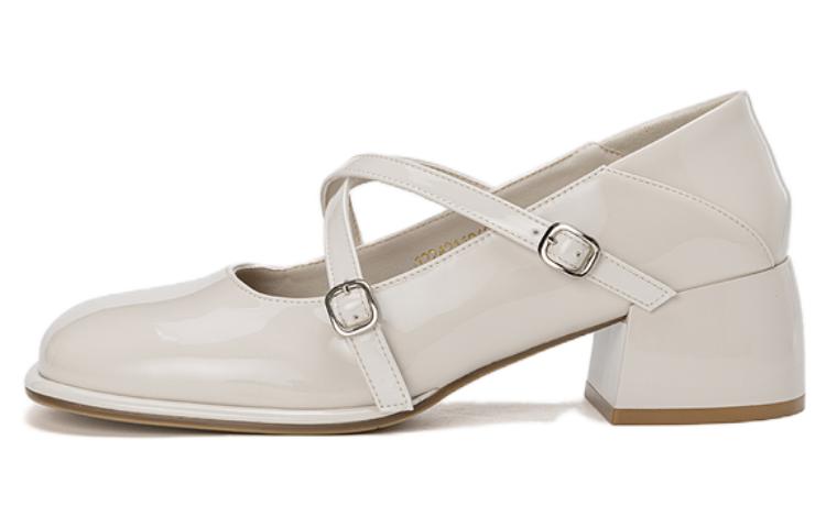 (Women) Aokang PU Square-Toe Buckle Chunky Heel 'Beige' 1224211060