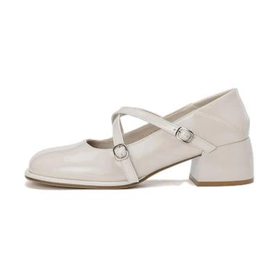 (W) Aokang PU Square-Toe Buckle Chunky Heel 'Beige'