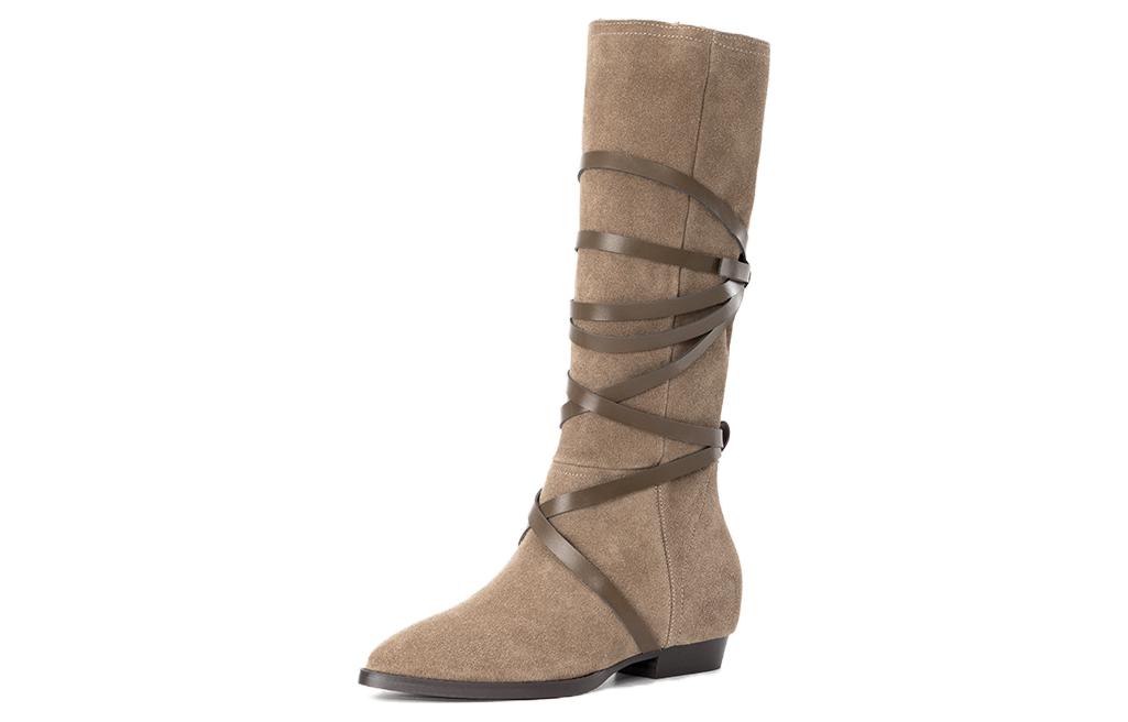 (W) Aokang Retro Cow Suede High-Top Boots 'Khaki'