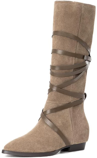 women-aokang-retro-cow-suede-high-top-boots-khaki-1224921002