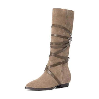 (W) Aokang Retro Cow Suede High-Top Boots 'Khaki'