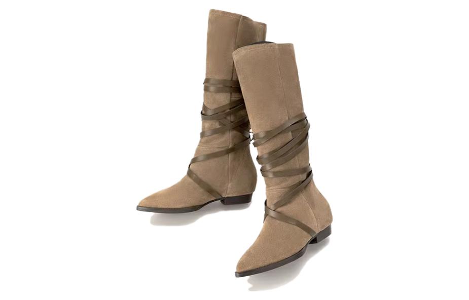 (W) Aokang Retro Cow Suede High-Top Boots 'Khaki' 圖 2