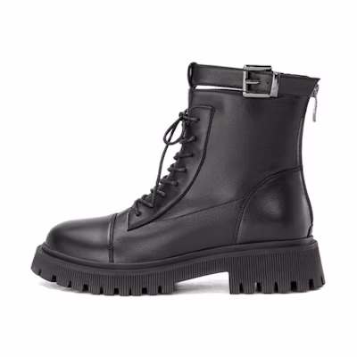 (W) Aokang Round Toe Lace-Up Mid-Calf Martin Boots 'Black'