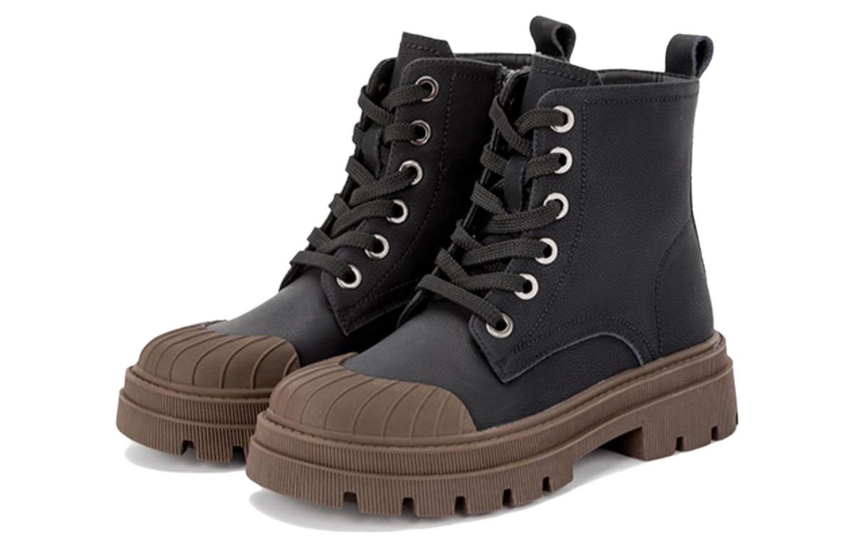 (Women) Aokang Round Toe Lace-Up Mid-Calf Martin Boots 'Warm Black' 1224913063