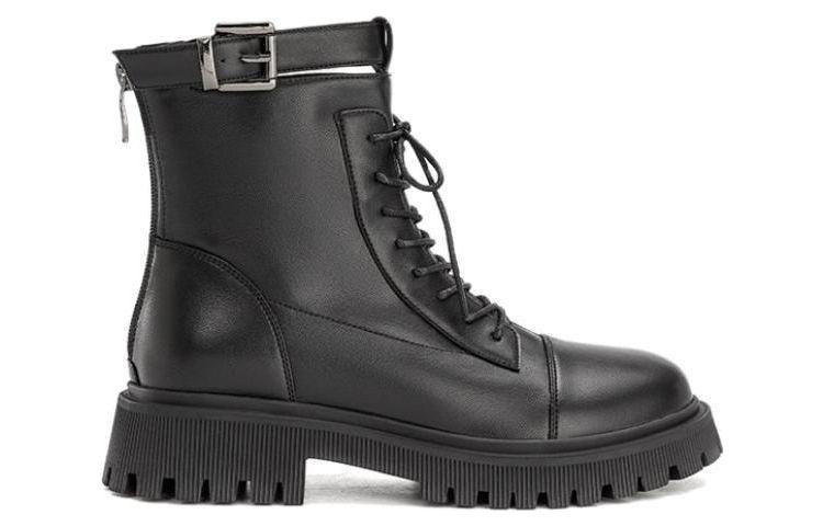 Order 奧康AOKANG 圓頭綁帶 中筒 馬丁靴 女款 黑色