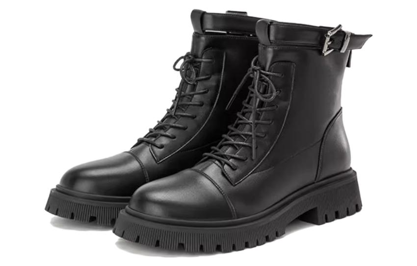 Shop 奧康AOKANG 圓頭綁帶 中筒 馬丁靴 女款 黑色