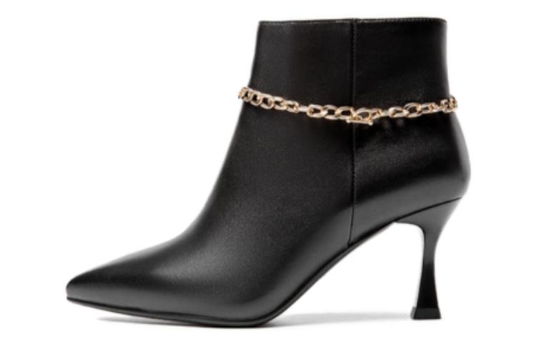 (Women) Aokang Sheepskin Ankle Boots 'Black Temperament Pointed Toe with Velvet Lining' 1214011007