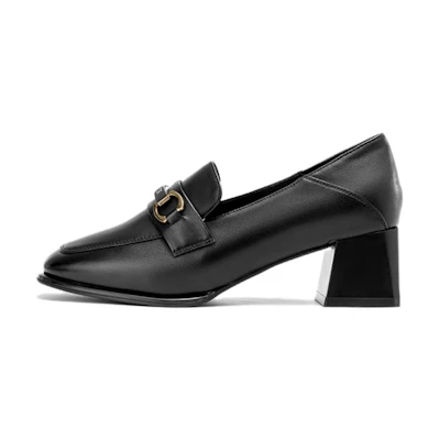 (W) Aokang Sheepskin Black 5cm 'Fashion Casual Chunky Heel'