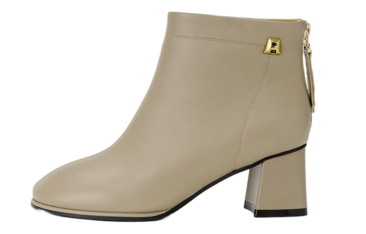 (W) Aokang Sheepskin Fashion Round Toe Ankle Boots 'Khaki'