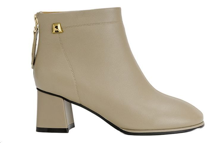 (W) Aokang Sheepskin Fashion Round Toe Ankle Boots 'Khaki' 圖 2