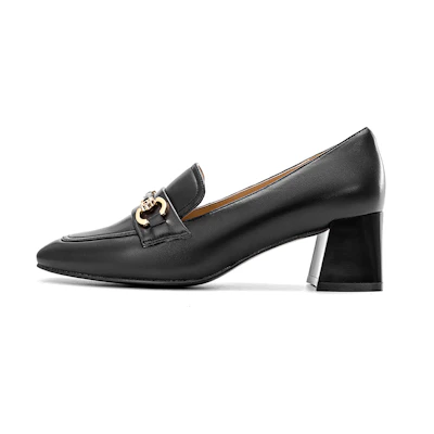 (W) Aokang Sheepskin Square-Toe Chunky Heel 'Black'