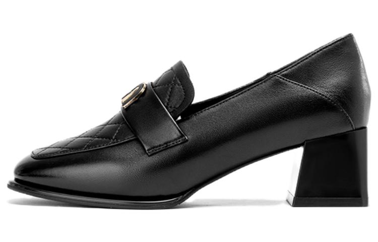 (Women) Aokang Sheepskin Square-Toe Slip-On Chunky Heel 'Black' 1234414022