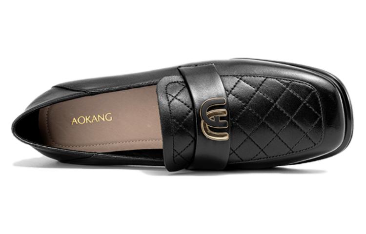 Order (W) Aokang Hak Tebal Slip-On Kulit Domba Ujung Persegi 'Hitam' 1234414022