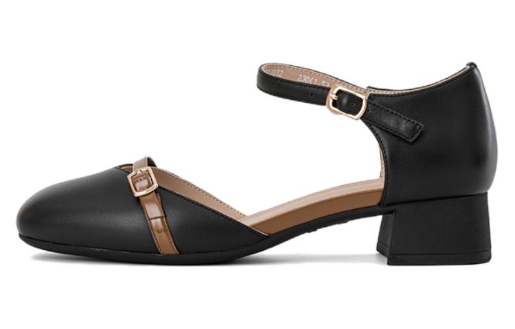 (Women) Aokang Square Toe Buckle Block Heels 'Black Khaki' 1234711012