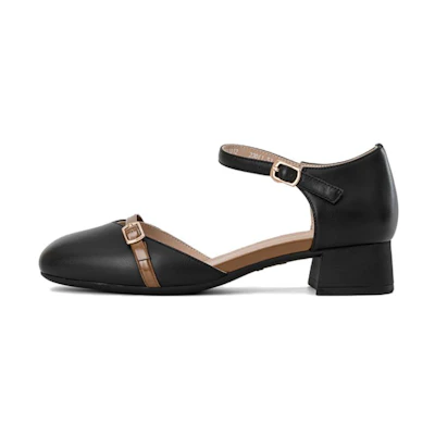 (W) Aokang Square Toe Buckle Block Heels 'Black Khaki'