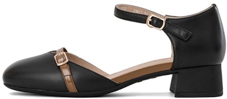 (Women) Aokang Square Toe Buckle Block Heels 'Black Khaki' 1234711012 (Women) Aokang Square Toe Buckle Block Heels 'Black Khaki' 1234711012