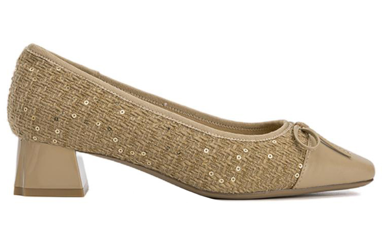 Order 奧康AOKANG 織物 圓頭套穿 粗跟 高跟鞋 3.5cm 女款 杏色