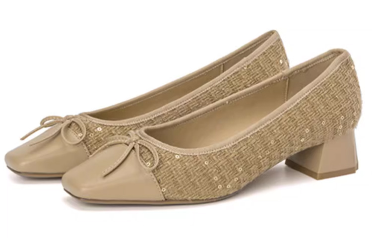 Lookbook 奧康AOKANG 織物 圓頭套穿 粗跟 高跟鞋 3.5cm 女款 杏色