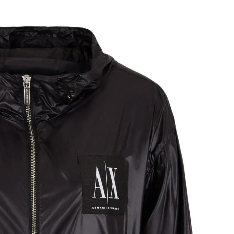 Shop (W) ARMANI EXCHANGE Hoodie Hitam Zip Jaket dengan Logo Cetak SS24. 8NYB45-YNYNZ-1200