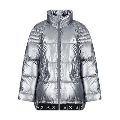 (Women) ARMANI EXCHANGE FW22 Shiny Logo Collar Puffer Jacket Silver Grey. 6LYB07-YNSKZ-6908