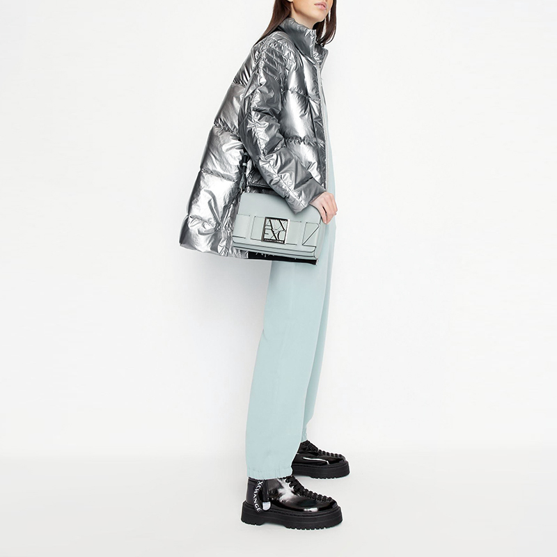 Shop (Women) ARMANI EXCHANGE FW22  Shiny Logo Collar Puffer Jacket Silver Grey. 6LYB07-YNSKZ-6908