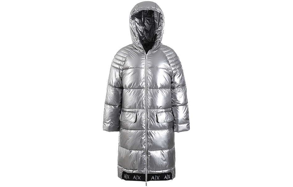 (Women) Armani Exchange SS23  Silver Long Loose-Fit Hooded Cotton Jacket. 6LYK07-YNSKZ-6908