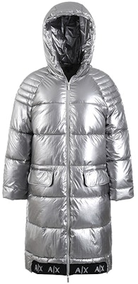 (Women) Armani Exchange SS23 Silver Long Loose-Fit Hooded Cotton Jacket. 6LYK07-YNSKZ-6908 Order (Women) Armani Exchange SS23 Silver Long Loose-Fit Hooded Cotton Jacket. 6LYK07-YNSKZ-6908