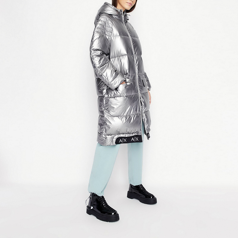 Shop (Women) Armani Exchange SS23  Silver Long Loose-Fit Hooded Cotton Jacket. 6LYK07-YNSKZ-6908