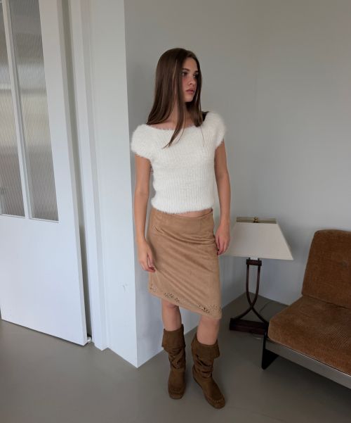 (Women) Asura Suede Punched Midi Skirt Beige - Elegant Beige Suede Midi Skirt with Punched Design A26FWSK106BGS