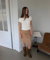 (Women) Asura Suede Punched Midi Skirt Beige - Elegant Beige Suede Midi Skirt with Punched Design A26FWSK106BGS (Women) Asura Suede Punched Midi Skirt Beige - Elegant Beige Suede Midi Skirt with Punched Design A26FWSK106BGS
