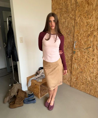 (Women) Asura Suede Punched Midi Skirt Beige - Elegant Beige Suede Midi Skirt with Punched Design A26FWSK106BGS Purchase (Women) Asura Suede Punched Midi Skirt Beige - Elegant Beige Suede Midi Skirt with Punched Design A26FWSK106BGS