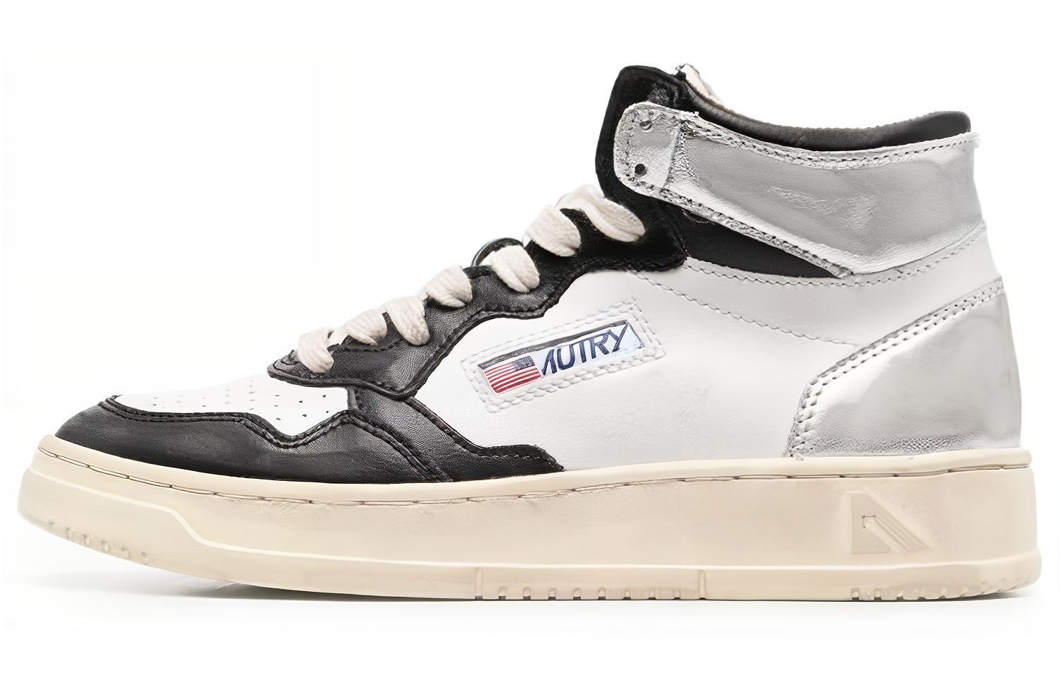 (W) AUTRY Mid-Top Leather 'White Black Silver Distressed'