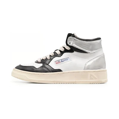 (W) AUTRY Mid-Top Leather 'White Black Silver Distressed'