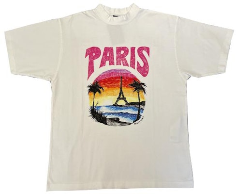 (Women) Balenciaga Beige Graphic Letter Beach Print T-Shirt Regular Fit. 764235TPVL99601 Order (Women) Balenciaga Beige Graphic Letter Beach Print T-Shirt Regular Fit. 764235TPVL99601