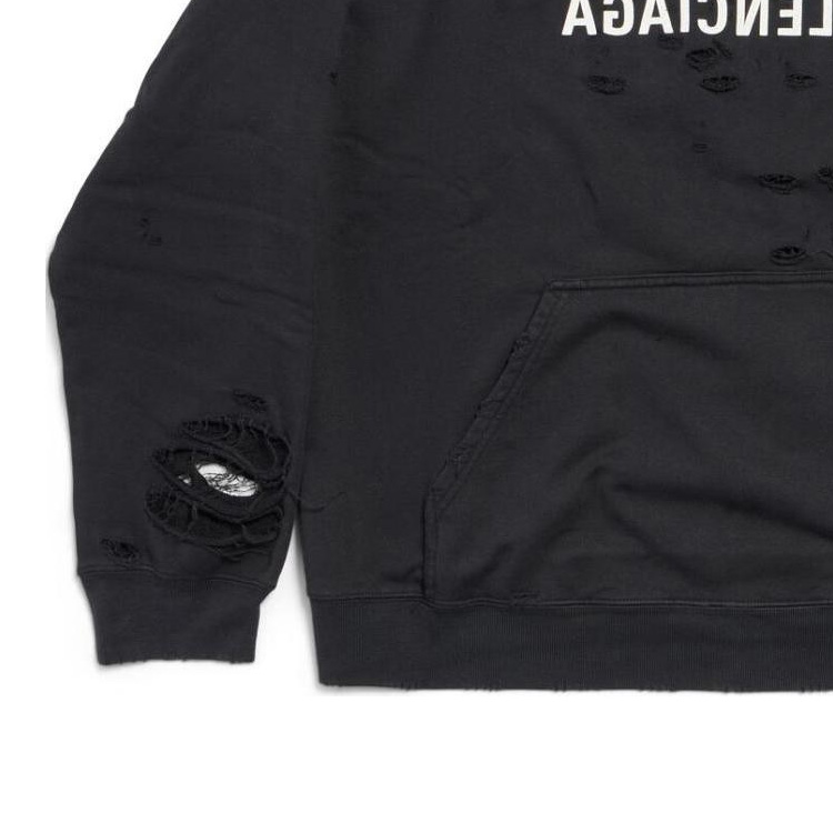 Details for (W) 발렌시아가 블랙 디스트레스드 레터 후디 긴소매 레귤러핏 675003TQVP11569