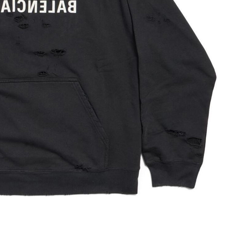 Sizing (W) 발렌시아가 블랙 디스트레스드 레터 후디 긴소매 레귤러핏 675003TQVP11569