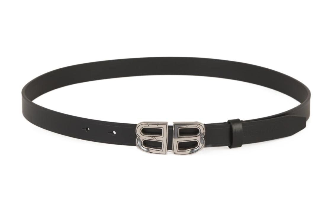 (Women) Balenciaga  Black Leather Belt with Letter Logo and Smooth Buckle 2CM. 7718702AAL31000