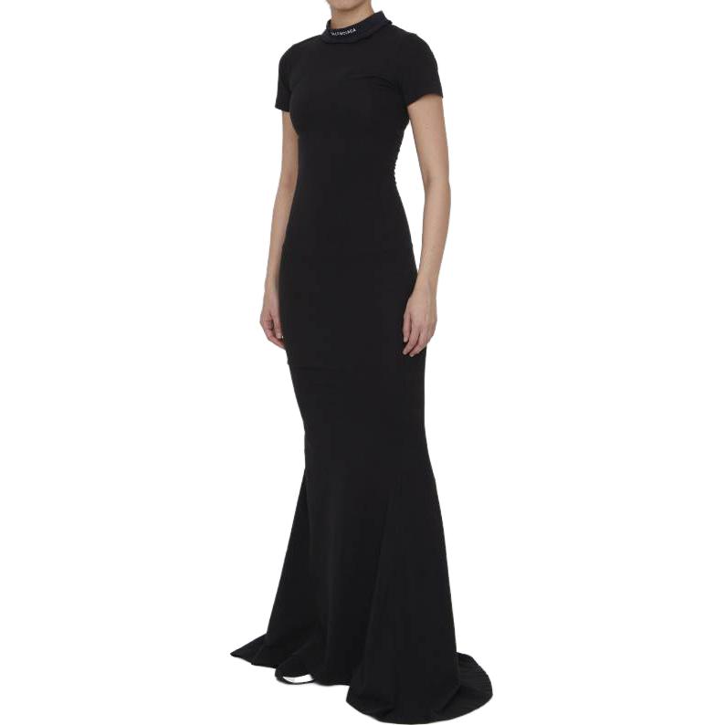 Shop (Women) Balenciaga  Black Logo Embroidered Slim Fit Short Sleeve Dress SS23. 744730TOVR91055