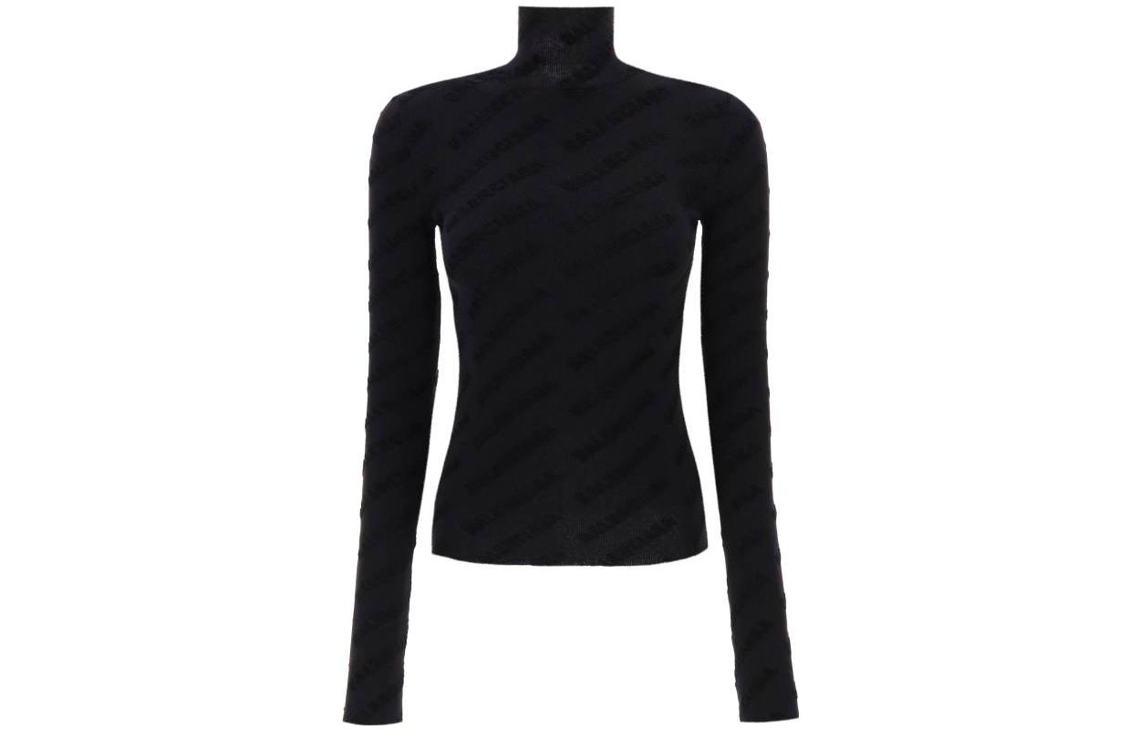 Order (W) 발렌시아가 블랙 솔리드 하이넥 풀오버 스웨터 레귤러 핏. 768625T52041000