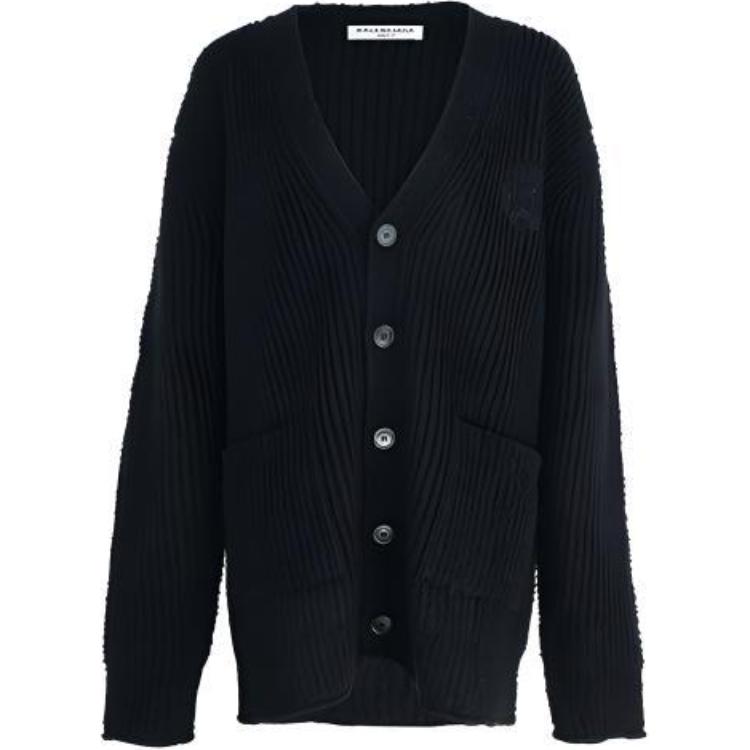 (Women) Balenciaga  Black V-Neck Button-Up Knit Cardigan with Logo Embroidery. 696182T16450100