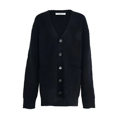 (Women) Balenciaga Black V-Neck Button-Up Knit Cardigan with Logo Embroidery. 696182T16450100